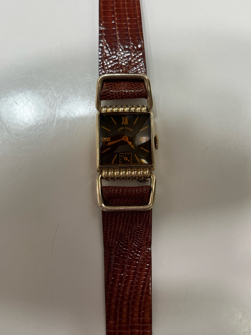Lord Elgin Black and Gold Watch with Brown Leather Strap